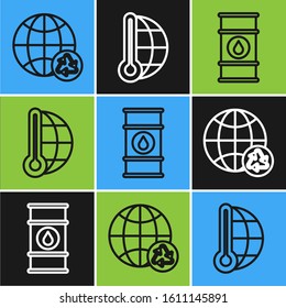 Set line Planet earth and a recycling, Oil barrel line and Meteorology thermometer measuring icon. Vector