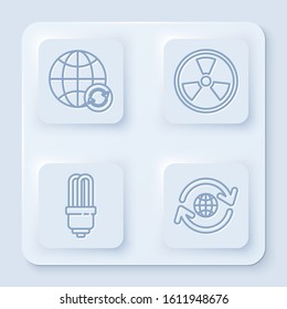 Set line Planet earth and a recycling, Radioactive, LED light bulb and Planet earth and a recycling. White square button. Vector