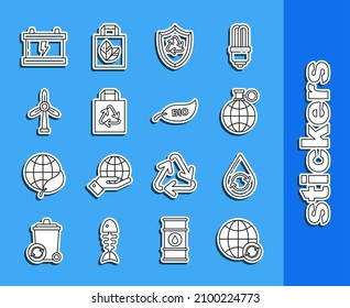 Set line Planet earth and a recycling, Recycle clean aqua, symbol inside shield, Paper shopping bag with recycle, Wind turbine, Car battery and Leaf Bio icon. Vector