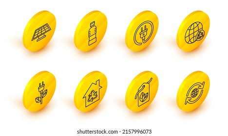 Set line Planet earth and a recycling, Tag with leaf symbol, Eco House, Electric saving plug, Bottle of water and Solar energy panel icon. Vector