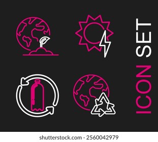 Set line Planet earth and a recycling, Recycling plastic bottle, Solar energy panel and Earth globe plant icon. Vector