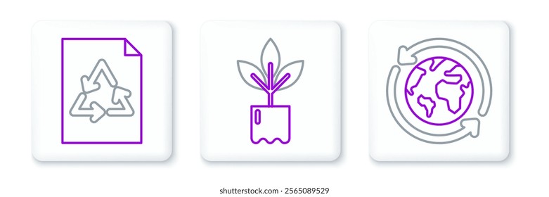 Set line Planet earth and a recycling, Paper with recycle and Plant bottle icon. Vector