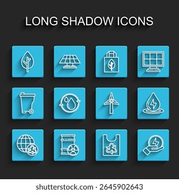 Set line Planet earth and recycling, Radioactive waste barrel, Tree, Plastic bag with recycle, Lightning bolt, Recycle clean aqua, Water energy and Wind turbine icon. Vector