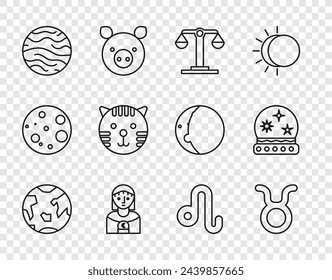 Set line Planet Earth, Taurus zodiac, Libra, Astrology woman, Venus, Tiger, Leo and Magic ball icon. Vector