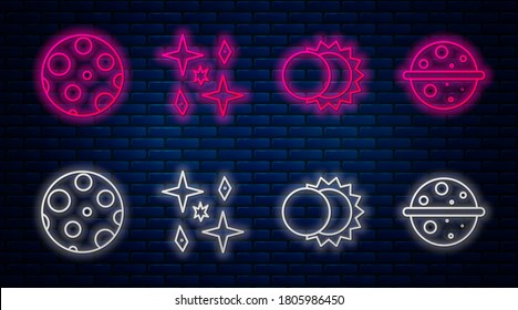 Set line Planet, Eclipse of the sun, Moon and Planet Venus. Glowing neon icon on brick wall. Vector