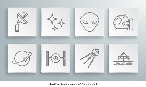 Set line Planet, Falling star, Cosmic ship, Satellite, Mars rover, Alien, Astronaut helmet and Radar icon. Vector