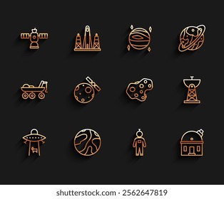 Set line Planet, Falling stars, Satellite, Astronaut, Astronomical observatory, Satellites orbiting the planet Earth, dish and Asteroid icon. Vector