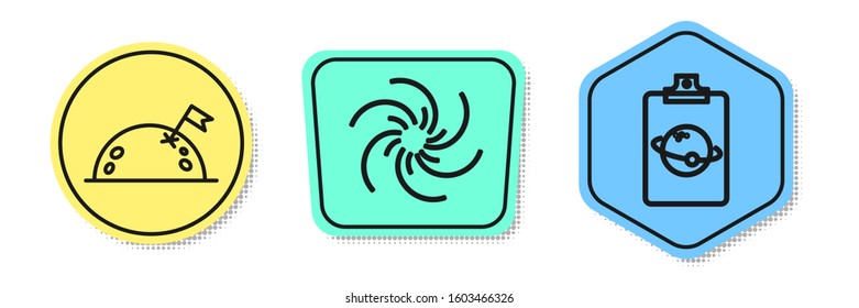 Set line Planet with flag, Black hole and Planet. Colored shapes. Vector