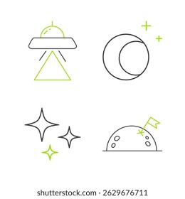 Set line Planet with flag, Falling star, Moon and stars and UFO flying spaceship icon. Vector