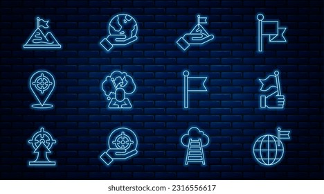 Set line Planet with flag, Hand holding, Mountains, Man, Target, Flag and Earth globe icon. Vector