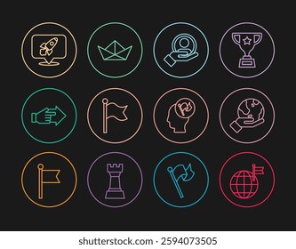 Set line Planet with flag, Hand holding Earth globe, for search people, Flag, pointing finger, Rocket ship,  and Folded paper boat icon. Vector