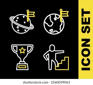 Set line Planet with flag, Stair finish, Award cup and Moon icon. Vector