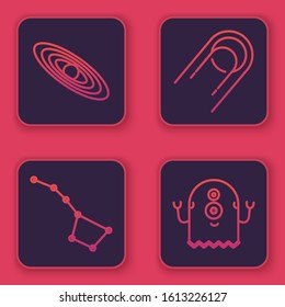 Set line Planet, Great Bear constellation, Satellite and Alien. Blue square button. Vector