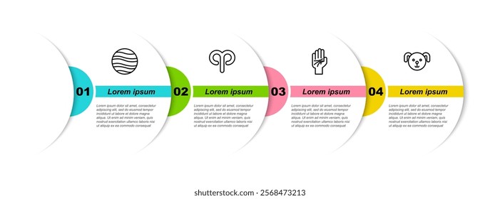 Set line Planet Jupiter, Aries zodiac, Palmistry of the hand and Dog. Business infographic template. Vector