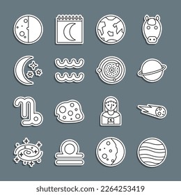 Set line Planet Jupiter, Comet falling down fast, Saturn, Earth, Aquarius zodiac, Moon and stars, Eclipse of the sun and Solar system icon. Vector