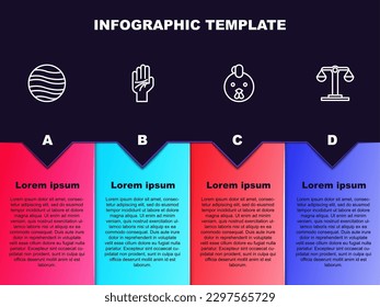 Set line Planet Jupiter, Palmistry of the hand, Rooster zodiac and Libra. Business infographic template. Vector