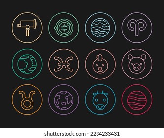 Set line Planet Jupiter, Pig zodiac, Venus, Pisces, Mercury, Telescope, Rooster and Solar system icon. Vector