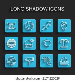 Set line Planet Jupiter, Telescope, Gemini zodiac, Virgo, Libra, Astronomical observatory,  and Eclipse of the sun icon. Vector