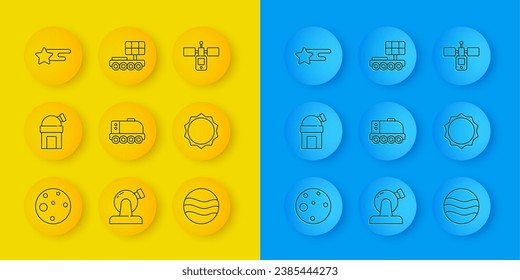 Set Line Planet Mars, Astronomische Observatorium, Rover, Sonne, Falling Stern, Satellite und Ikone. Vektorgrafik