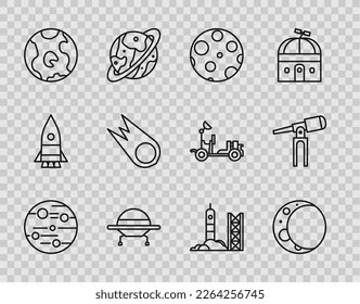 Línea Planeta Marte, Luna, OVNI, globo terrestre, Cometa cayendo rápido, Lanzamiento de cohete desde el puerto espacial y icono del telescopio. Vector