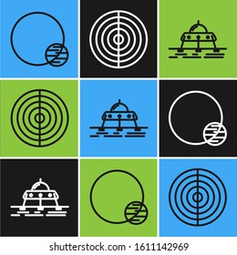 Set line Planet, Mars rover and Earth structure icon. Vector