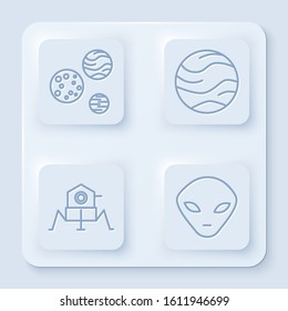 Set line Planet, Planet, Mars rover and Alien. White square button. Vector
