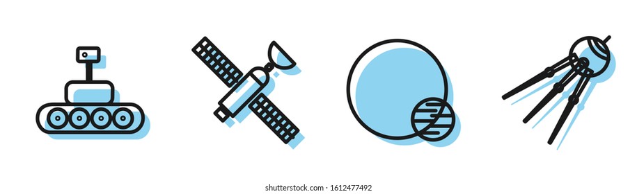 Set line Planet, Mars rover, Satellite and Satellite icon. Vector