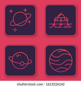 Set line Planet, Planet, Mars rover and Planet. Blue square button. Vector