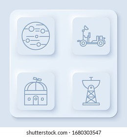 Set line Planet Mars, Mars rover, Astronomical observatory and Satellite dish. White square button. Vector