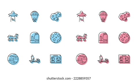 Set line Planet Mars, rover, Celestial map of the night sky, Astronaut helmet, Moon,  and Saturn icon. Vector