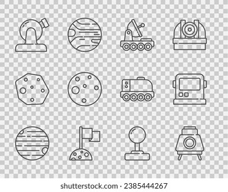 Set-Line Planet, Mars Rover, Mond mit Fahne, Astronomische Sternwarte, Joystick und Astronautenhelm Icon. Vektorgrafik