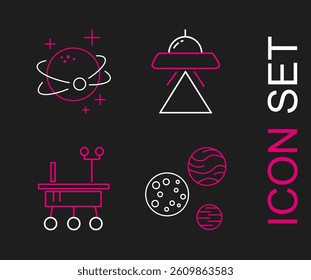 Set line Planet, Mars rover, UFO flying spaceship and  icon. Vector