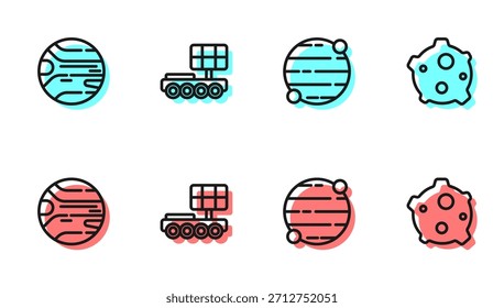 Establecer línea Planeta, , Marte rover e icono de asteroide. Vector