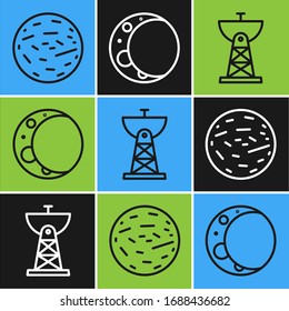 Línea Planet Mars, antena parabólica e icono de la luna. Vector