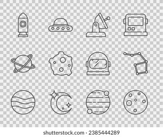 Set line Planet, Mars, Satellite dish, Moon and stars, Rocket ship, Asteroid,  and Great Bear constellation icon. Vector