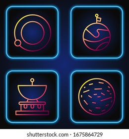 Set line Planet Mars, Planet Saturn, Satellites orbiting the planet Earth and Moon with flag. Gradient color icons. Vector
