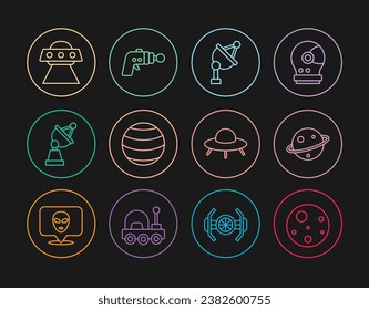 Set Line Planet Mars, Saturn, Satelliten-Schüssel, UFO fliegende Raumschiff und Ray Pistole Symbol. Vektorgrafik