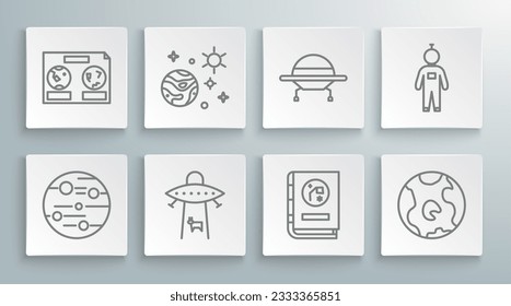 Set line Planet Mars, Space and planet, Book by astronomy, Earth globe, UFO flying spaceship, Astronaut and Celestial map of the night sky icon. Vector
