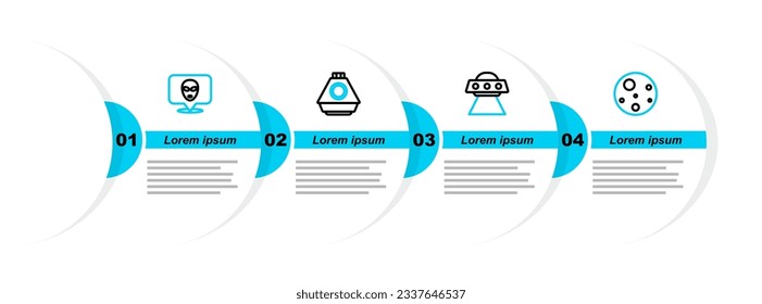 Set line Planet Mars, UFO flying spaceship, Space capsule and Alien icon. Vector