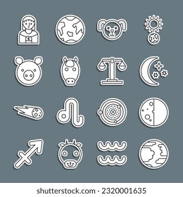 Set line Planet Mercury, Eclipse of the sun, Moon and stars, Dog zodiac, Horse, Pig, Astrology woman and Libra icon. Vector