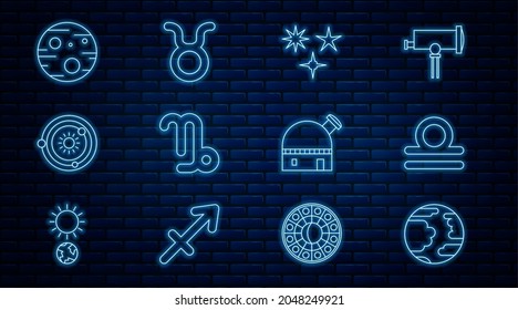 Set Line Planet Mercury, Libra Zodiac, Falling Star, Capricorn, Solar System, Mars, Astronomical Observatory And Taurus Icon. Vector