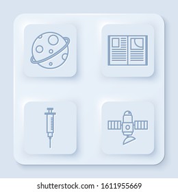 Set line Planet, Open book, Syringe and Satellite. White square button. Vector
