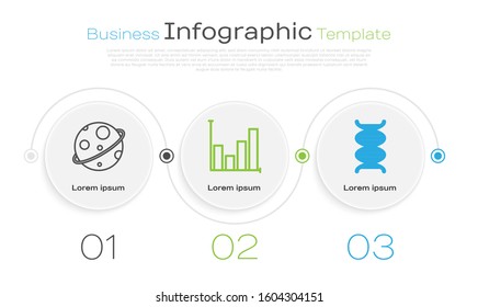 Set line Planet, Pie chart infographic and DNA symbol. Business infographic template. Vector
