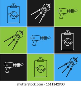 Set line Planet, Ray gun and Satellite icon. Vector