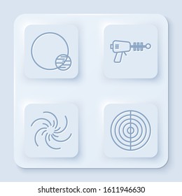 Set line Planet, Ray gun, Black hole and Earth structure. White square button. Vector