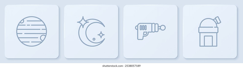 Set line Planet, Ray gun, Moon and stars and Astronomical observatory. White square button. Vector