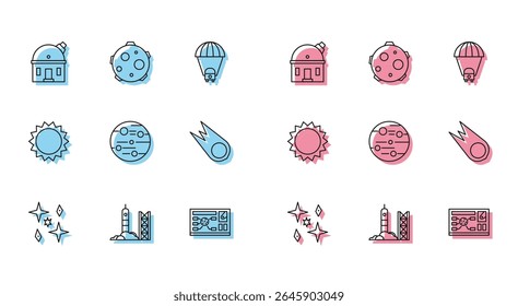Set line Planet, Rocket launch from the spaceport, Astronomical observatory, Futuristic hud interface, Mars, Comet falling down fast, Sun and UFO abducts cow icon. Vector