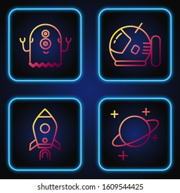 Set line Planet, Rocket ship with fire, Alien and Astronaut helmet. Gradient color icons. Vector