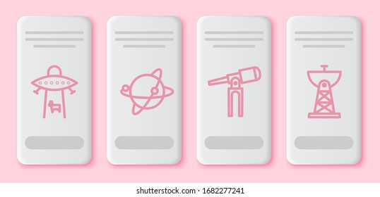 Fijar la línea Planeta, Satélites orbitando el planeta Tierra, el telescopio y la antena parabólica. Botón rectángulo blanco. Vector