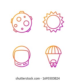 Set line Planet Saturn, Astronaut helmet, UFO abducts cow and Sun. Gradient color icons. Vector